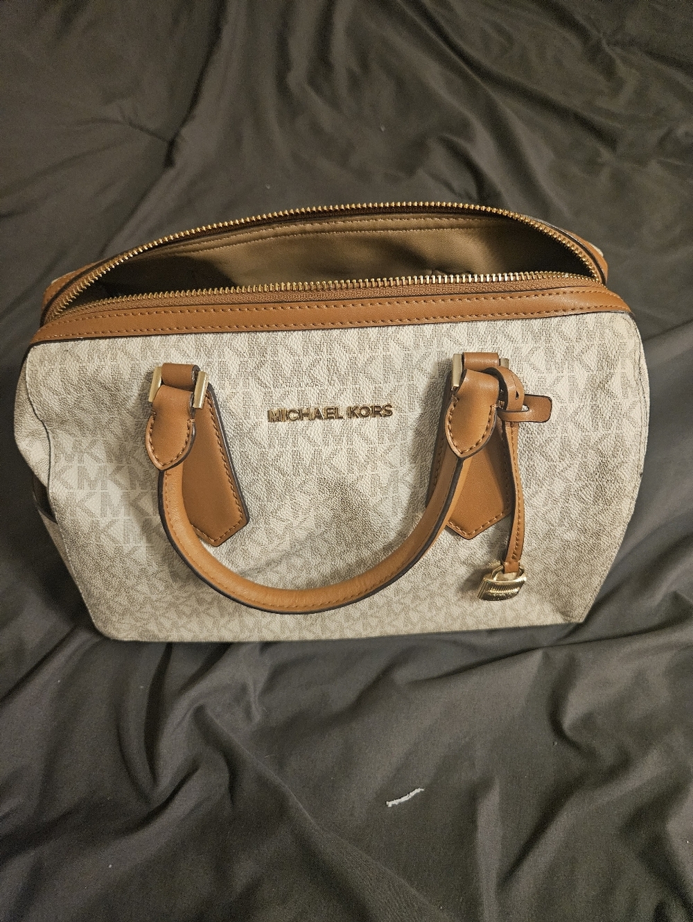Michael Kors Cream Monogram Satchel with Brown Trim and Matching Trifold Wallet